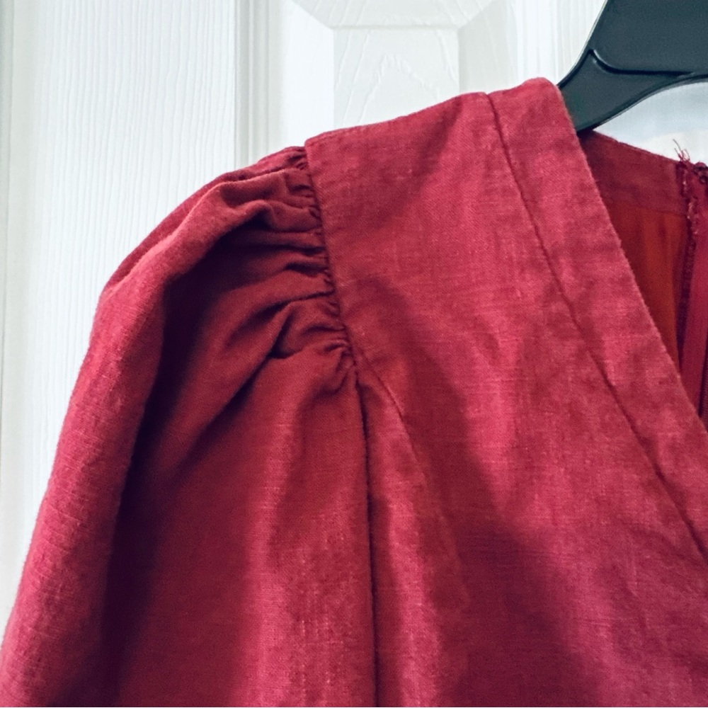 KARLIE Burgundy Linen Blend Puff Sleeve V-Neck‎ Ruffle Hem Dress Size Large - Picture 2 of 7
